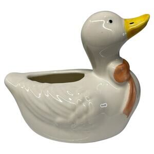 VTG Miniature Ceramic Duck Planter Peach/Pink Ribbon Bow, Chipped Beak